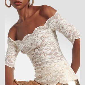 Paco Rabanne Off-the-Shoulder Scalloped Lace Top, Ivory, US 2